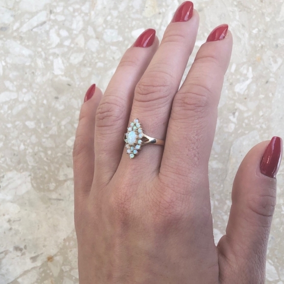 Fiery Opal Halo Marquise Shield Art Ring - Size 7.5 - Picture 6 of 8